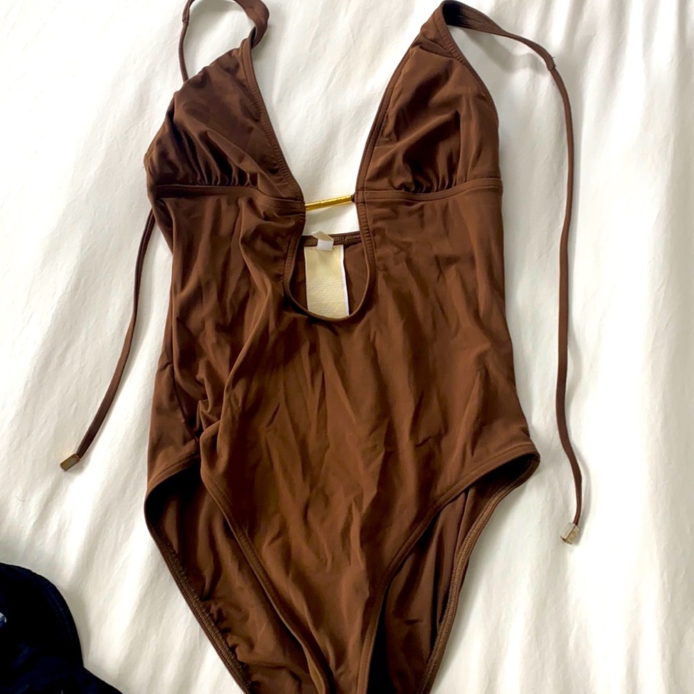 Michael kors swim one piece brown gold V low cut